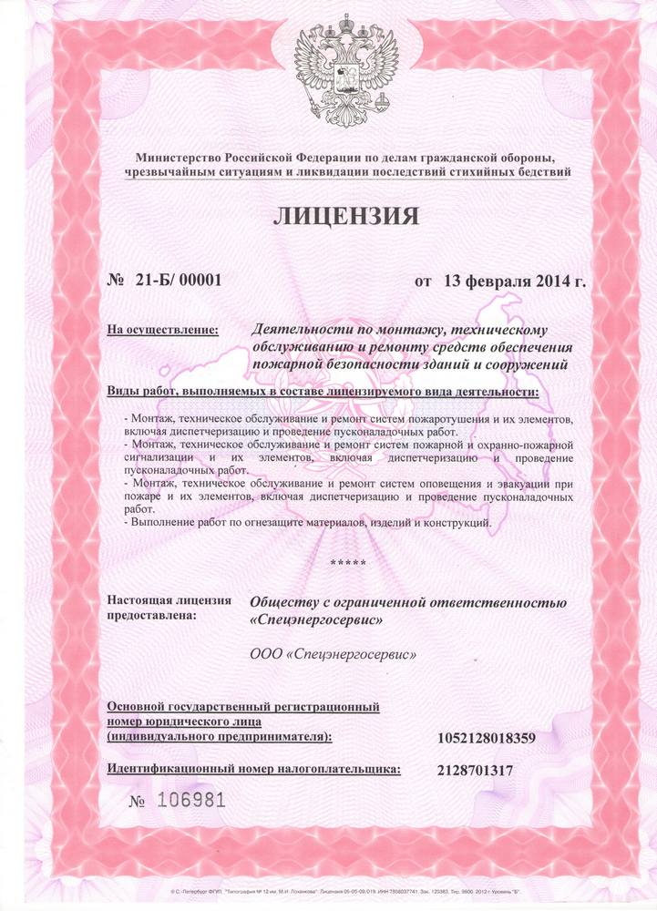 Лицензия ООО "СПЕЦЭНЕРГОСЕРВИС"
